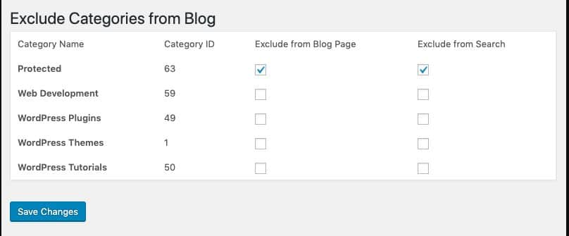 Exclude categories from blog page