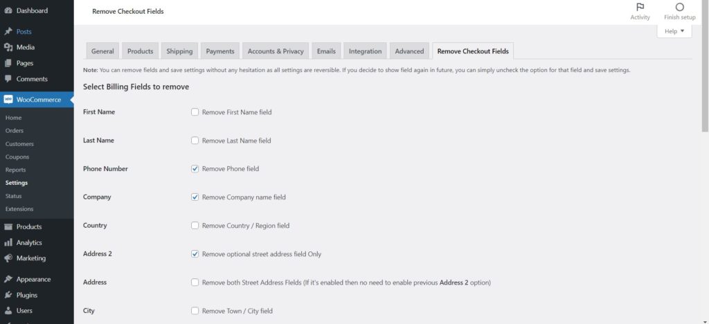 Remove Checkout Fields Plugin settings